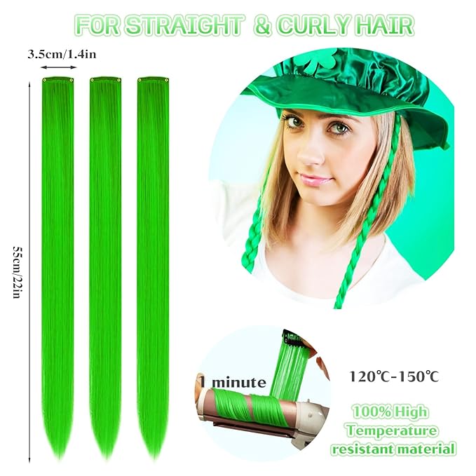 12 PCS Green Hair Extensions Clip in, 22" Colored Hair Extensions, Highlights Colorful Hair Piece DIY Hair Accessories on Daily Party