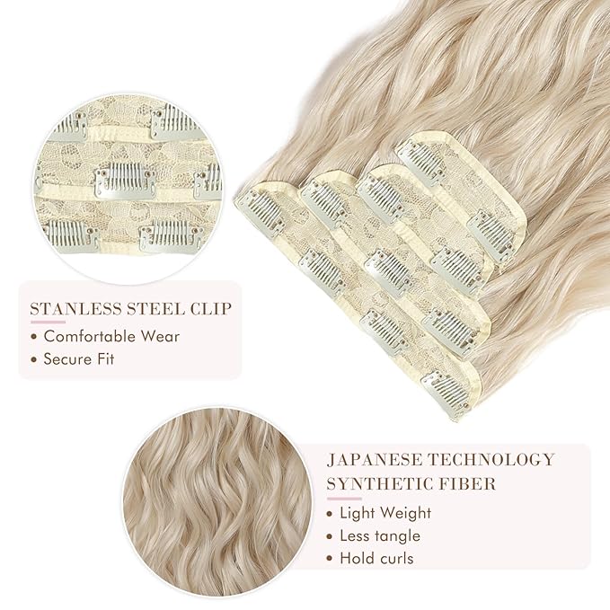 REECHO Hair Extensions, 4PCS Clip in Hair Extensions HE001 Natural Soft Synthetic Hairpieces for Women, Light Blonde
