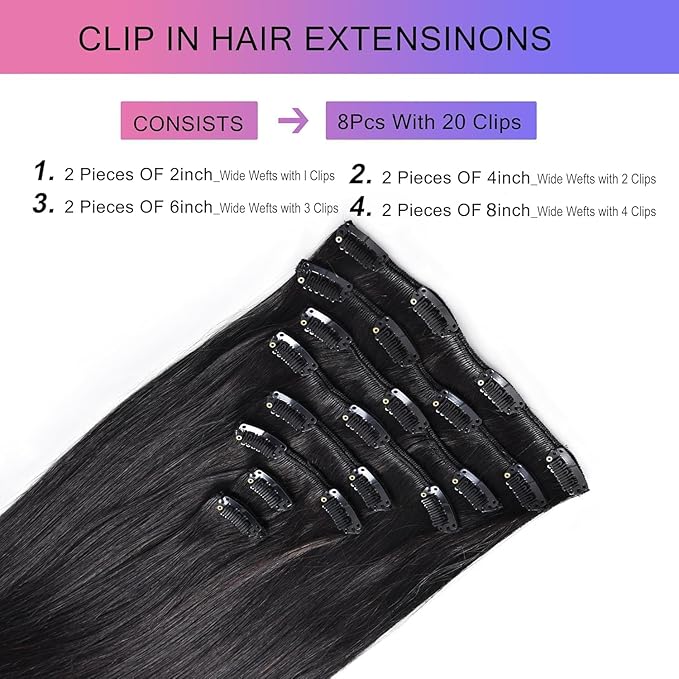 Clip in Hair Extensions Real Human Hair, 16 Inch 90g, 1B Natural Black, Invisible Seamless Straight Remy Human Hair Clip in Extensions for Women 8pcs Per Set with Double Weft