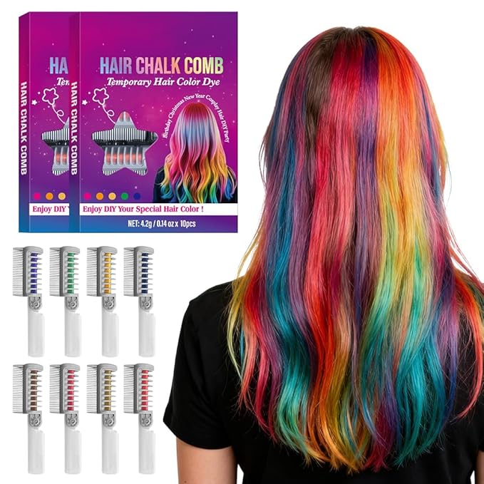 Festive Fun Hair Chalk Combs, 2026 DIY Temporary Hair Color, Colors Instant Hair Color Comb For All Ages For Birthday Party, Christmas Cosplay (10 Colors)