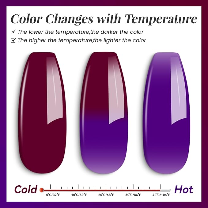 YTD Likomey Color Changing Gel Nail Polish 2 Pcs Set,15ml Purple To Dark Wine Red Pure Color and Glitter Nails Gel Kit,Thermal Ombre Change Colors Salon Manicure Fall Winter UV Varnish,WB2-7