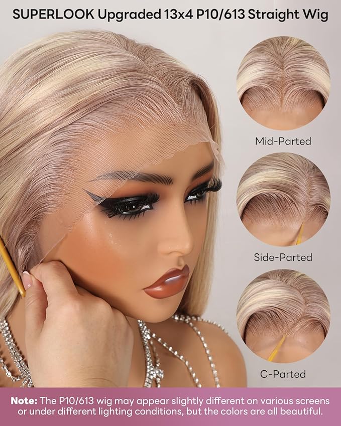 P10/613 Lace Front Wig Human Hair 13x4 Wear And Go Glueless Wigs Human Hair HD Blonde Highlight Lace Front Wig Light Brown Pre Plucked 240% Density (18inch, P10/613 Straight Wig)