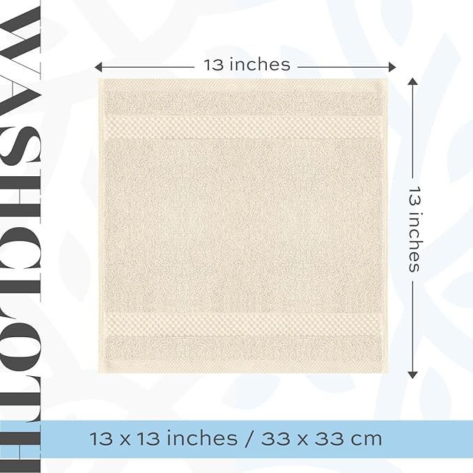 White Classic Luxury Cotton Washcloths 13x13 Inch - 650 GSM Turkish Cotton | Hotel, Spa, Bathroom Face Towel | 12 Pack, Ivory