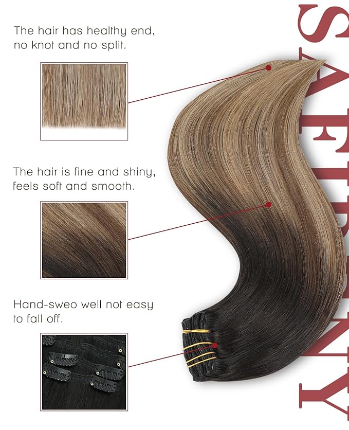 Clip in Hair Extensions Real Human Hair, 14 Inch 140g,Natural Black Roots Chocolate Brown With Caramel Blonde, Clip On Hair Extensions 7pcs Per Set with 19 Clips(#1B/4/27,14")