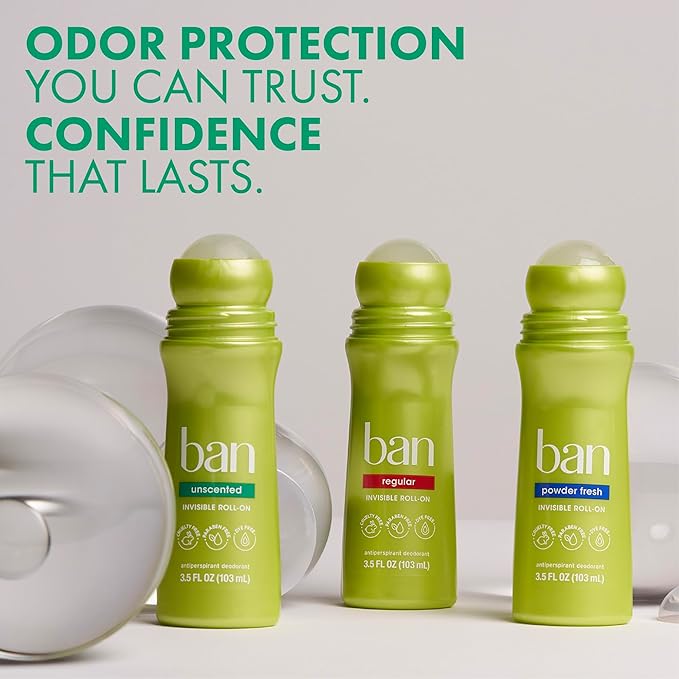 Ban Invisible Roll-on Antiperspirant Deodorant for Women and Men, 24-hour Underarm Odor & Sweat Protection, Unscented, 3.5 Oz, Pack of 2