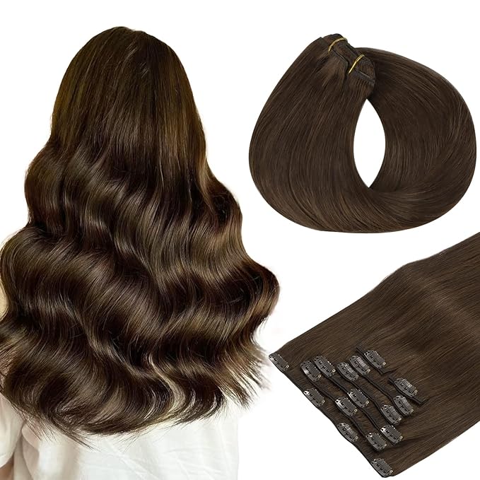 HOTBANANA Human Hair Clip in Hair Extensions, Light Dark Brown 120g Clip in Hair Extensions Real Human Hair Straight Remy Hair Clip in Hair Extensions 16 Inch 7pcs