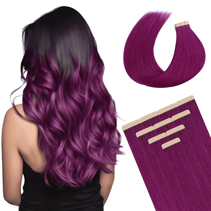 DOORES Tape in Hair Extensions Real Human Hair, Violet 16 Inch 25g 10pcs, Human Hair Extensions Tape in Natural Hair Straight Hair Extensions Remy