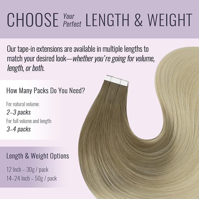 Fshine Tape in Human Hair Ombre 18 Inch Ash Brown Fading to Platinum Blonde Tape in Human Hair Extensions 20pcs 50g Straight Natural Silky Remy Hair Straight Hair Extensions for Women