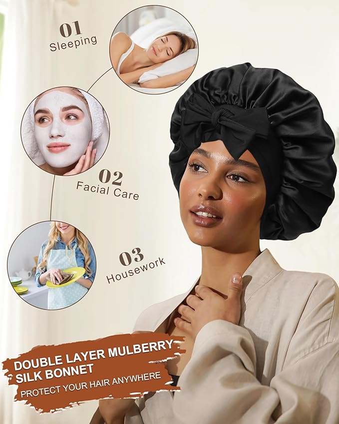 Mulberry Silk Bonnet Sleeping Women Curly Hair Bonnets Tie Band Double Layer Reversible Sleep Bonnet Silk Hair Wrap Sleep Cap