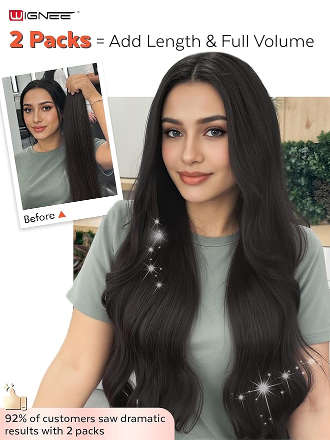 WIGNEE OVO Black Hair Extensions 20 Inch,100% Remy Human Hair,Double Hand-Tied Genius Glueless Weft,Seamless Soft Silky Hair Extensions,Add Volume for Thin Hair,Reusable Salon Quality for White Women