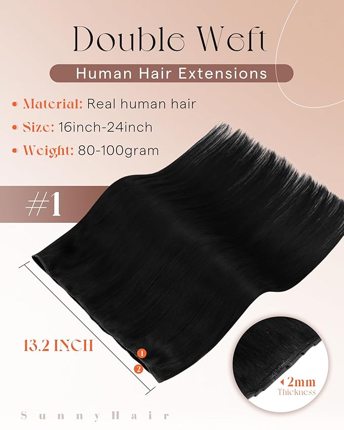 Sunny Hair Double Invisible Hand Tied Butterfly Weft Hair Extensions Human Hair Jet Black Dual-Use with Microbead Genius Hole Weft Add Length for Women 20 Inch 100G