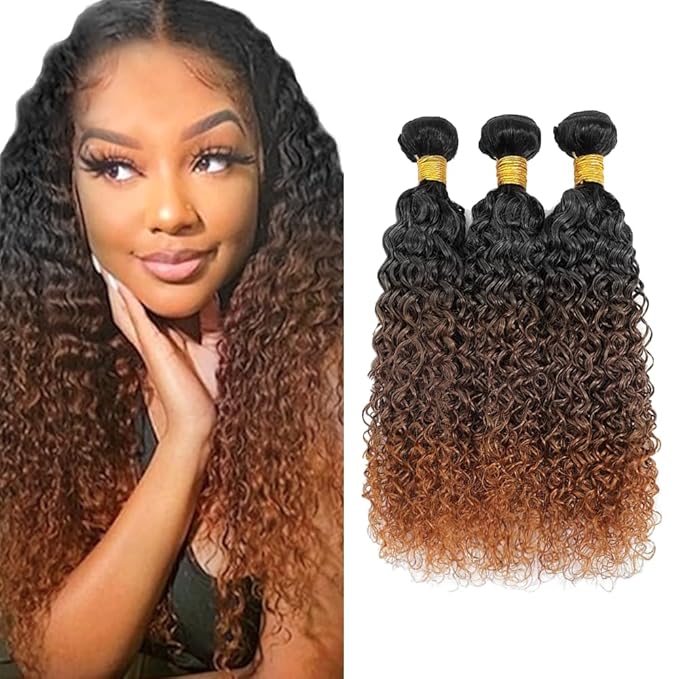 Omber Brown Bundles Human Hair #4 Kinky Curly Bundles 18 20 22 inch 3 Tone Black Roots to Brown Bundle