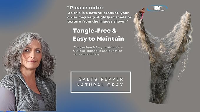 22” Wavy Salt & Pepper/Natural Gray 3 bundles. Its 100% Natural Indian Virgin Raw Hair Extensions .Natural color unprocessed and not treated with any kind of chemicals