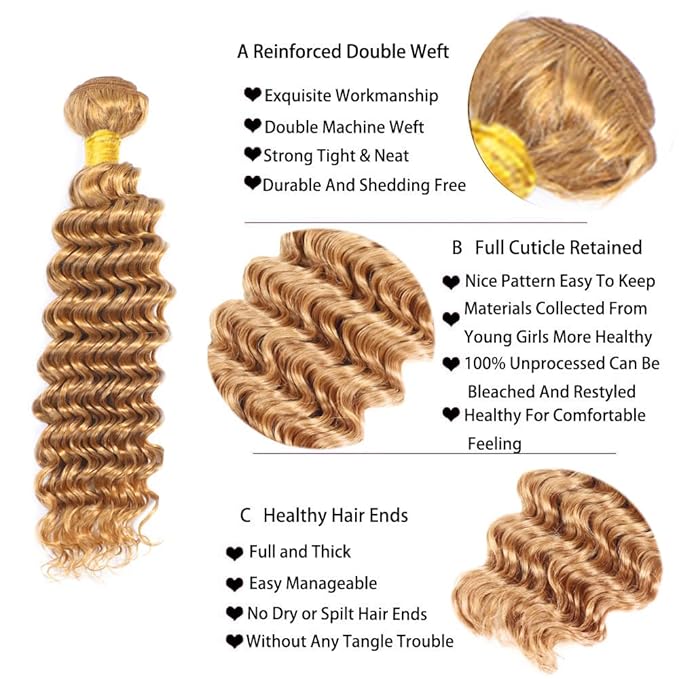 12 14 16 Inch Blonde Bundles Human Hair #27 Honey Blonde Deep Wave 3 Bundle Unprocessed Brazilian virgin hair Weave Extensions Double Weft 50 Grams/Bundle Colored Blonde Bundles for Woman