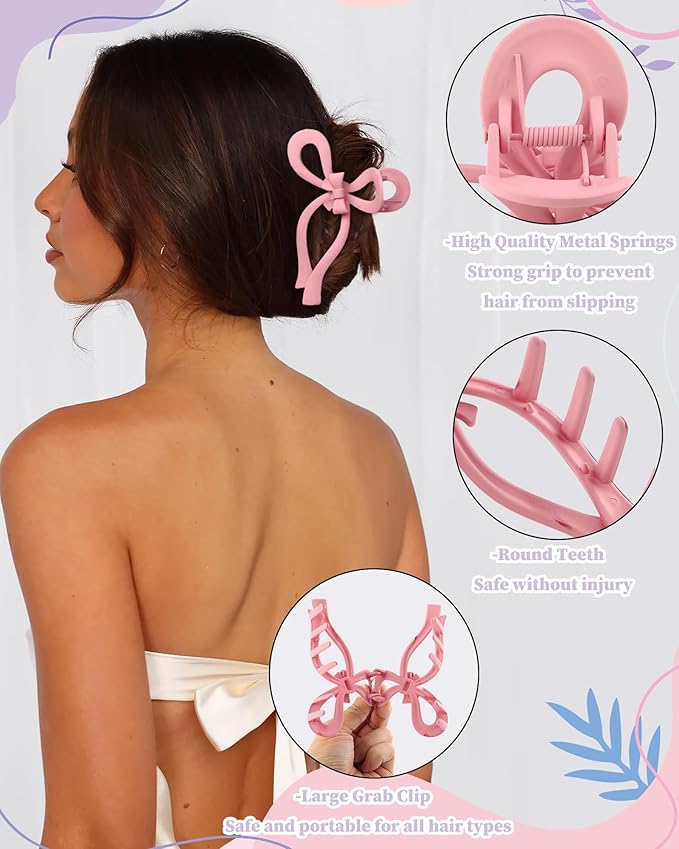 4 PCS Bow Hair Clips Bow Claw Clip for Women Nonslip Large Hair Claw Clips for Thin and Thick Hair Strong Hold Hair Bows (Pink+Blue+Green+Off-White)