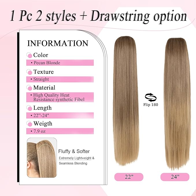 Ponytail Extension, 24" Long Straight Claw Clip Ponytail Extension clip on ponytails hair clip Hair claw clip Fake Ponytail Hairpieces for Women - Pecan Blonde