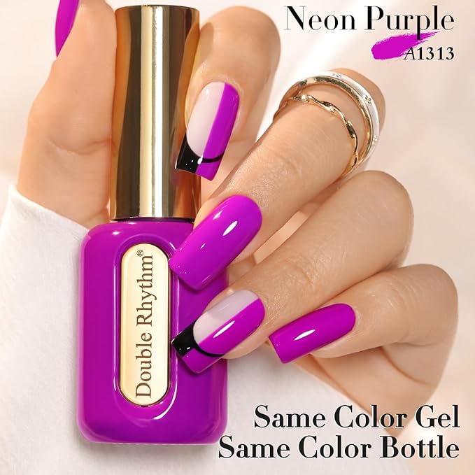 Double Rhythm 0.50 OZ Gel Polish Same Color Same Bottle Golden Round Hema Free Neutral Natural Milky 15 ML Jelly UV Polish Art DIY at Home (Neon Purple-C1313)
