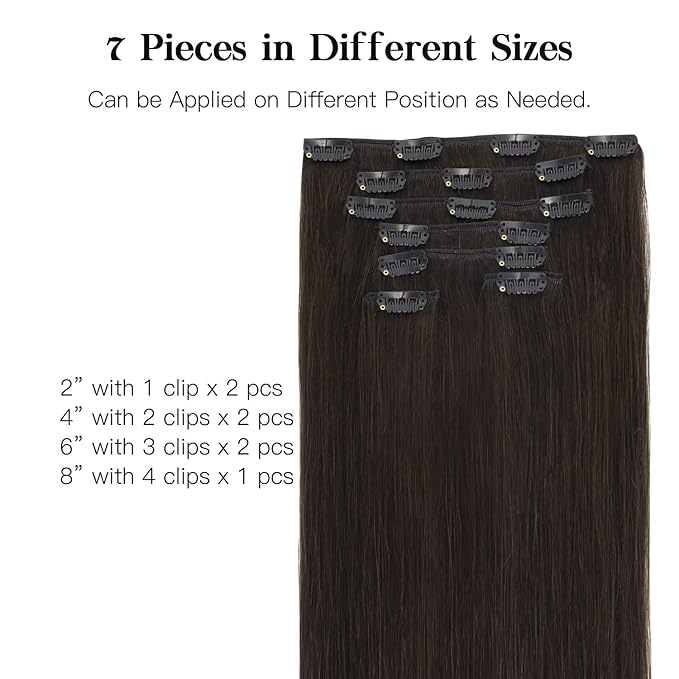 HOTBANANA Human Hair Clip in Hair Extensions, #2 Dark Brown 110g Clip in Hair Extensions Real Human Hair Straight Remy 14 Inch 7pcs