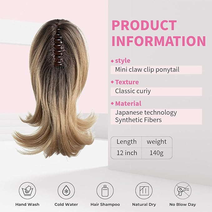 Ponytail Hair Extensions, 12 Inch Claw Clip Ponytail Hair Extensions for Women, Chin Clip Wigs, Soft Synthetic Wigs-Light Sandy Blondewith Dark Root