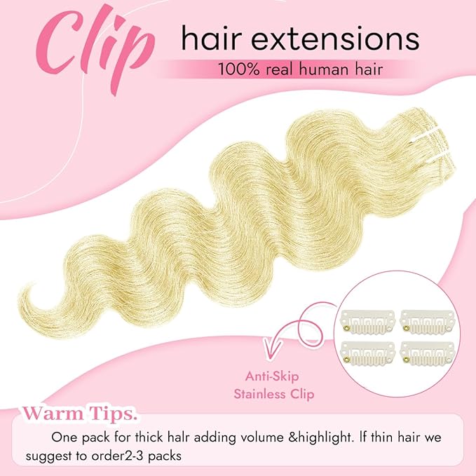 Clip in Hair Extensions Real Human Hair Body Wave 613 Bleach Blonde Clip in 100% Brazilian Remy Human Hair Extensions 8pcs Per Set with 18 Clips Double Weft 22 Inch 110g/3.6oz