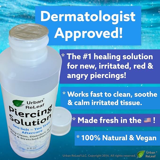 Urban ReLeaf Piercing Solution ! Soothing Sea Salts & Tea Tree AFTERCARE 4 oz, Ready to use. Safely Clean and Calm New & Stretched Piercings. Gentle Effective Natural & Proven. Works Fast
