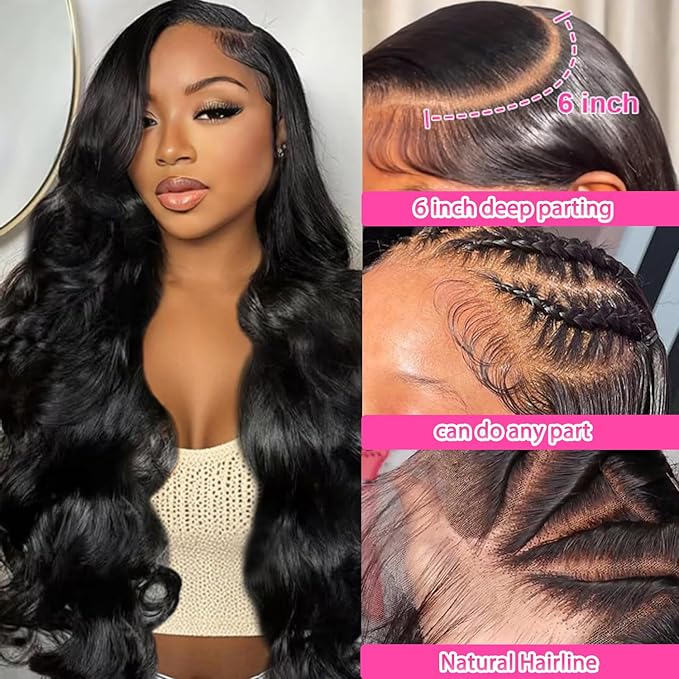 32 Inch 13x6 Lace Front Wigs Human Hair 200 Density Body Wave Lace Front Wigs Human Hair Brazilian Natural Black HD Lace Frontal Wigs Pre Plucked for Women