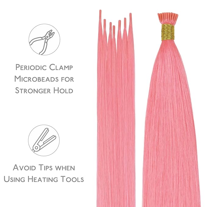 WENNALIFE I Tip Hair Extensions Human Hair, 50g 50s 18 Inch Peach Pink Remy Itip Human Hair Extensions Invisible Itips Straight I Tips Fusion Extensions Real Human Hair