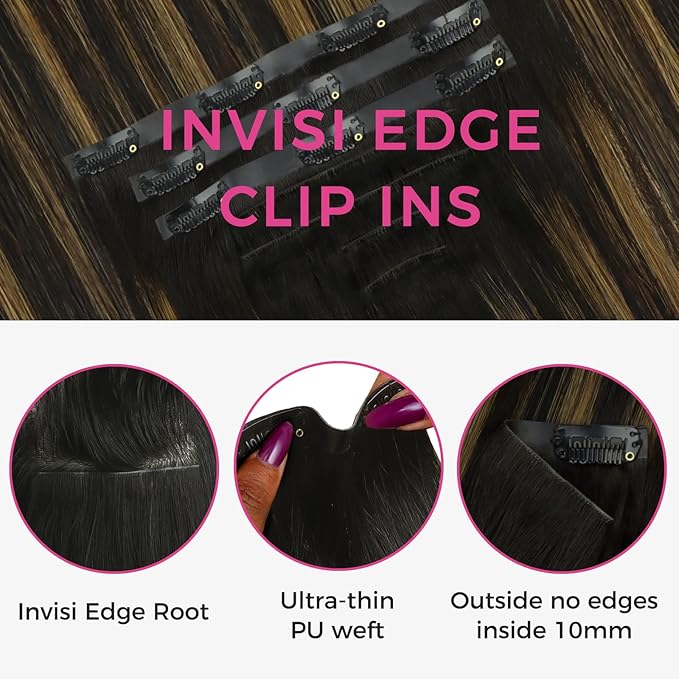 Lashey Invisi Edge Clip in Hair Extensions 18 Inch 110g 7pcs Injected Seamless PU Clip in Hair Extensions Virgin Human Hair, Natural Black Mixed Chestnut Brown Straight Hair