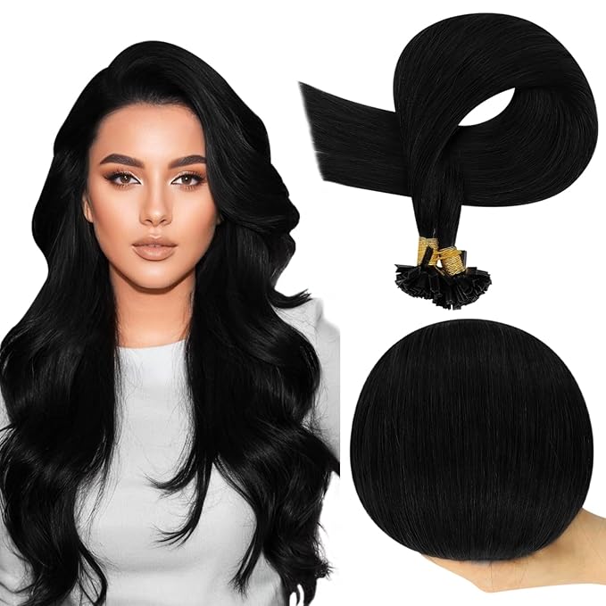 Full Shine Keratin Bond Hair Extensions Jet Black Ktip Human Hair Extensions 24 Inch Prebonded Extensions for Women 50 Grams Long Straight Natural Remy Hair