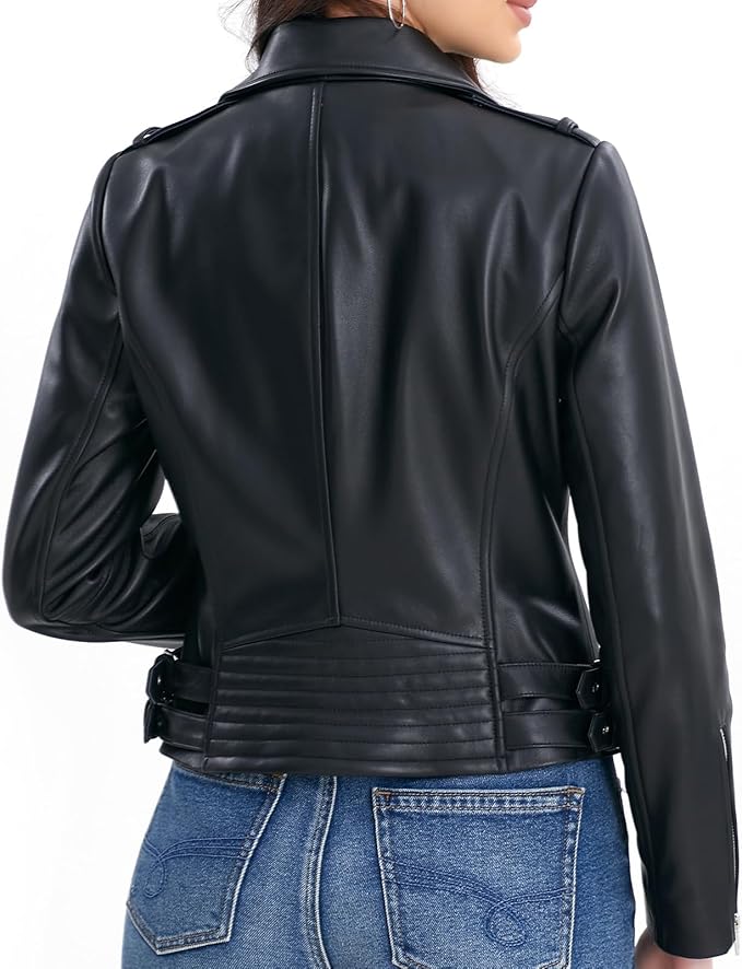 Lambskin Leather Jacket Women,Motorcycle Jacket,Asymmetrical Zip Style,Buckle Belts,Quilted Details