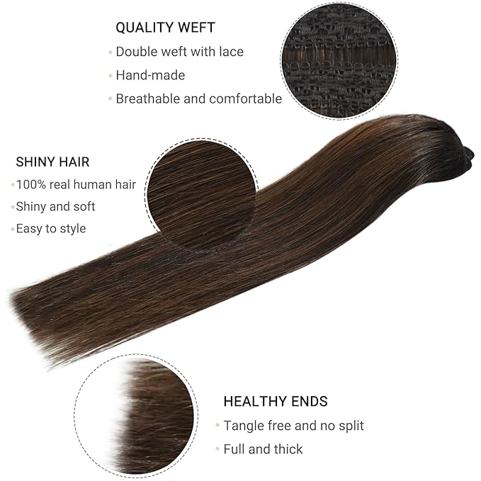 Ombre Hair Extensions Human Hair Balayage Dark Brown to Chestnut Brown Clip in Hair Extensions 14 Inch 7pcs Remy Hair Straight Long Hair for Women 105g