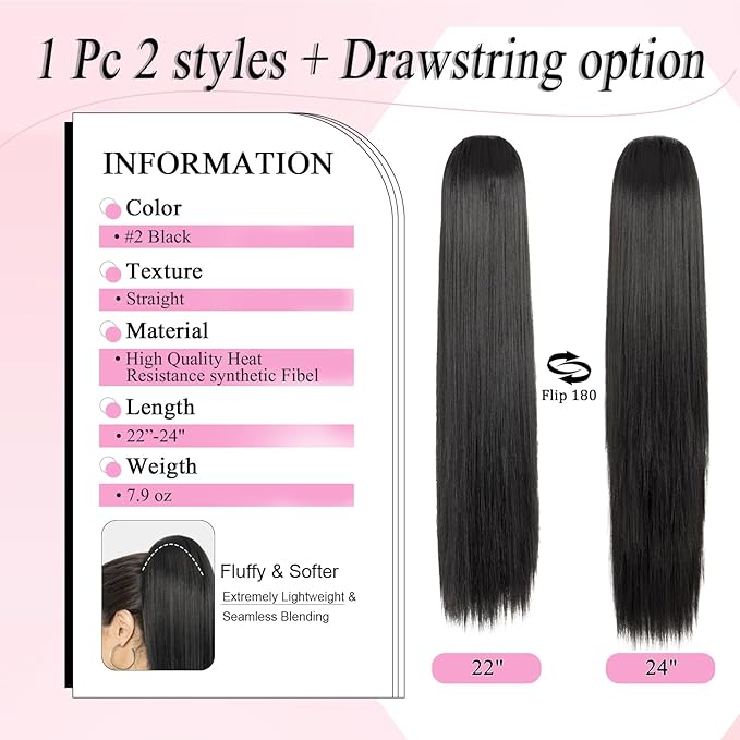Ponytail Extension, 24" Long Straight Claw Clip Ponytail Extension clip on ponytails hair clip Hair claw clip Fake Ponytail Hairpieces for Women - Black