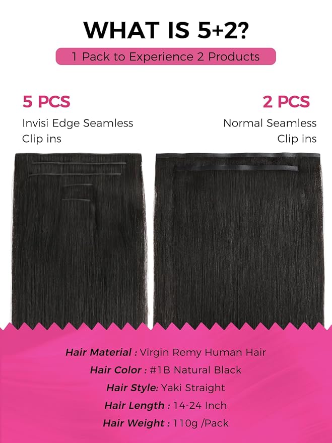 Lashey Invisi Edge & Seamless Clip in Hair Extensions Human Hair, 18 Inch 110g 7pcs(5pcs Invisi Edge& 2pcs Seamless) Real Virgin Human Hair Extensions, Natural Black Yaki Straight Hair