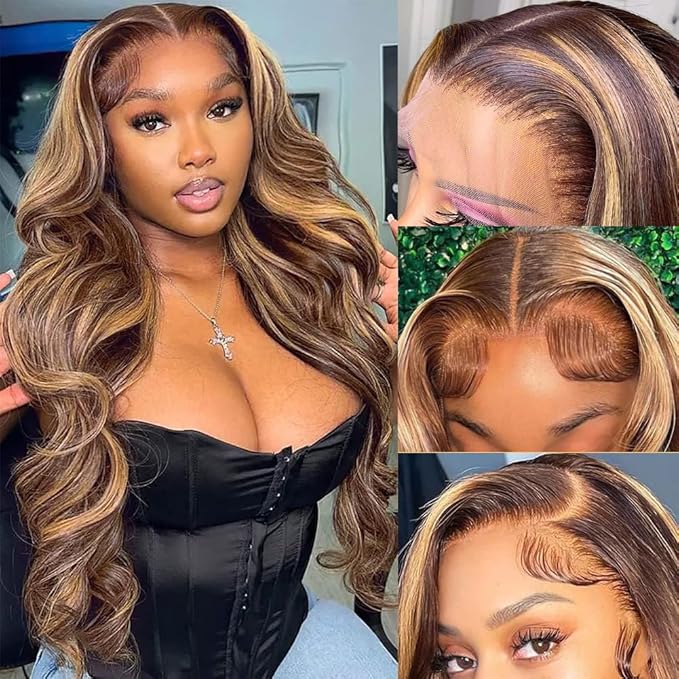 Pizazz Honey Blonde Lace Front Wigs Human Hair Pre Plucked with Natural Hairline 13x4 Glueless Wigs Human Hair 180 Density 4/27 Highlight Body Wave Lace Frontal Wigs 24 Inch