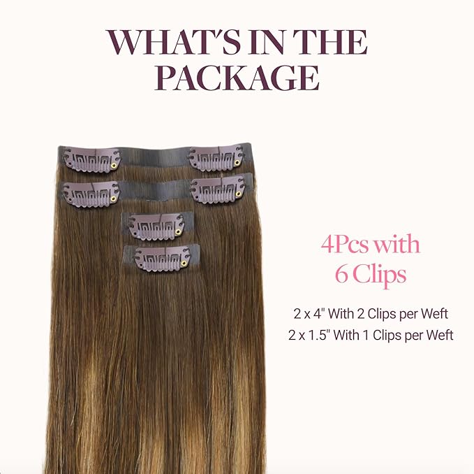 GOO GOO Invisi Edge Clip in Hair Extensions, 16inch 50g 4Pcs, Injected Seamless PU Clip in Hair Extensions, Virgin Real Human Hair, #4/27/4 Balayage Chocolate Brown to Caramel Blonde