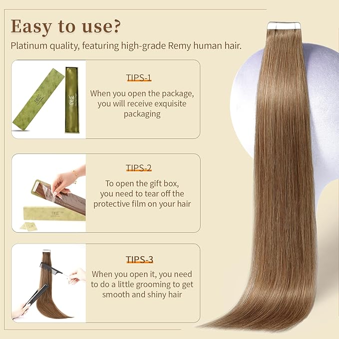 DNE Tape in Hair Extensions Real Human Hair 18inches 20Pcs/50g/Pack Seamless #M4/27Chocolate Brown to Honey Blonde Straight Invisible Double Sided Tape in Hair Extensions for Women/Girls