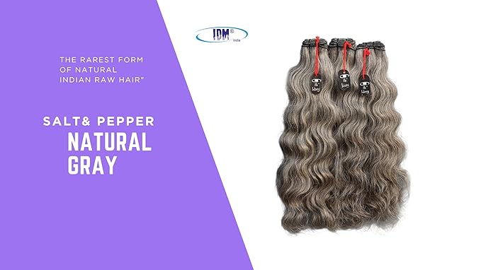 16” Wavy Salt & Pepper/Natural Gray 3 bundles. Its 100% Natural Indian Virgin Raw Hair Extensions .Natural color unprocessed and not treated with any kind of chemicals