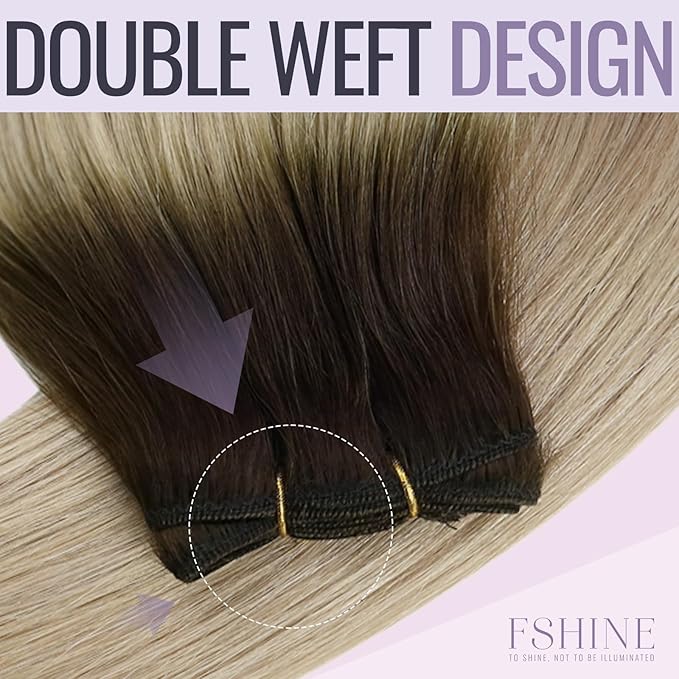fshine Ombre Weft Hair Extensions Human 14 Inch Dark Brown Fading to Ash and Platinum Blonde Bundles Sew in 100 Gram