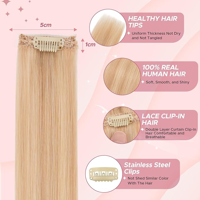 Clip in Hair Extensions Real Human Hair for Women, 18 Inch 40g 6pcs, Ash Blonde Mix Bleach Blonde, Straight - Highlight, Add Volume and Length for Daily Wear, Parties, Weddings