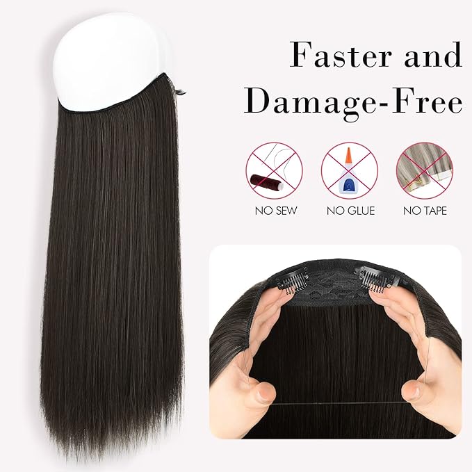 REECHO Invisible Wire Hair Extensions with Transparent Headband Adjustable Size Removable Secure Clips in Straight Secret Hairpiece for Women (24 Inch (Pack of 1), Cool Dark Brown)