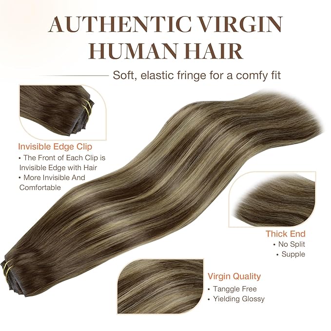 GOO GOO Invisi Edge Clip in Hair Extensions 14inch 130g 9Pcs Injected Seamless PU Clip in Hair Extensions, Virgin Real Human Hair, 4/26/4 Balayage Chocolate Brown to Honey Blonde