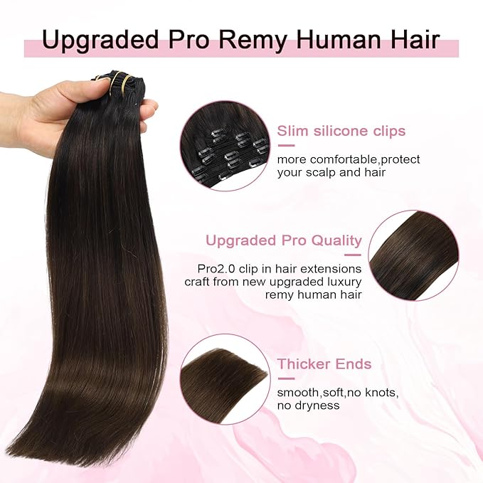 Pro2.0 Clip in Hair Extensions Real Human Hair 120g Thick 7pcs Color #1BT4 Natural Black Fading to Middle Brown Remy Real Human Hair Extensions Clip ins 14inch Double Weft（#1BT4-14inch）