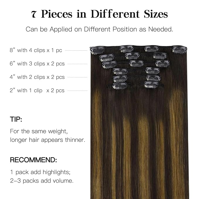 HOTBANANA Human Hair Clip in Hair Extensions, Balayage Dark Brown Mixed Golden Brown 120g Clip in Hair Extensions Real Human Hair Straight Remy Hair Clip Ins 14 Inch 7pcs