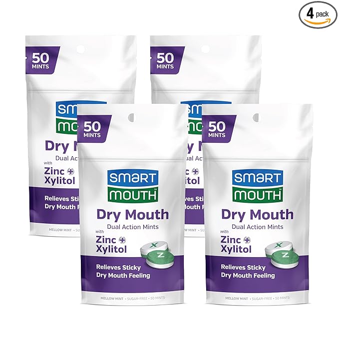 SmartMouth Dry Mouth Dual-Action Mints - Sugar-Free - 50 Count, 4 Pack, Mellow Mint