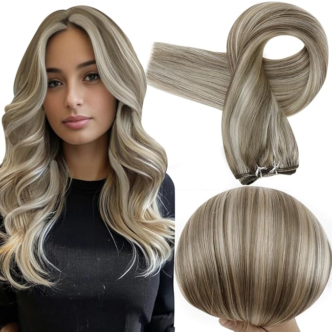 Full Shine Weft Hair Extensions Human Hair Color Light Brown Mix Platinum Blonde Human Hair Sew In Extensions For Women 18 Inch 105G Sew In Weft Extensions Remy Straight Hair