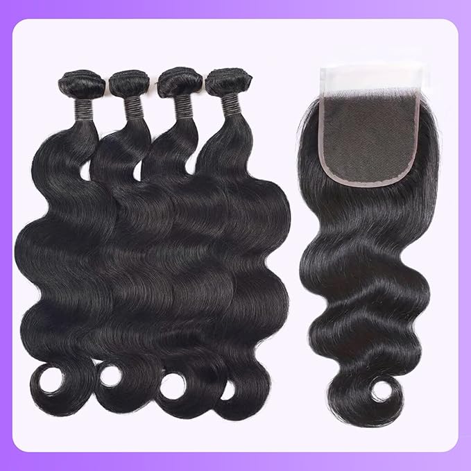 Body Wave Bundles with Closure Human Hair 18 20 22 24 + 16 Inch Brazilian Human Hair 3 Bundles with 4x4 HD Lace Closure Part 12A Grade 100% Unprocessed Virgin Hair