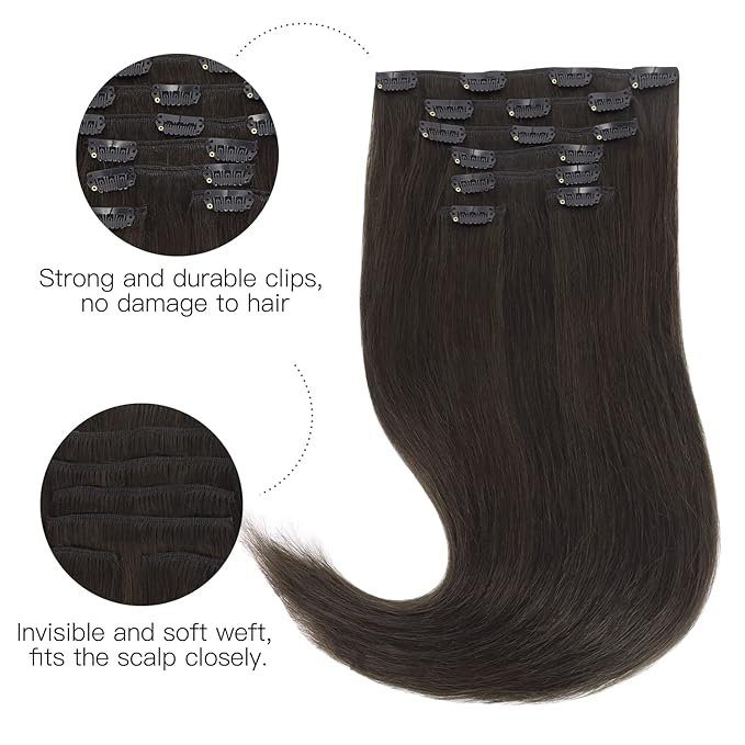 HOTBANANA Human Hair Clip in Hair Extensions, Dark Brown 120g Clip in Hair Extensions Real Human Hair Straight Remy Hair Clip in Hair Extensions 18 Inch 7pcs