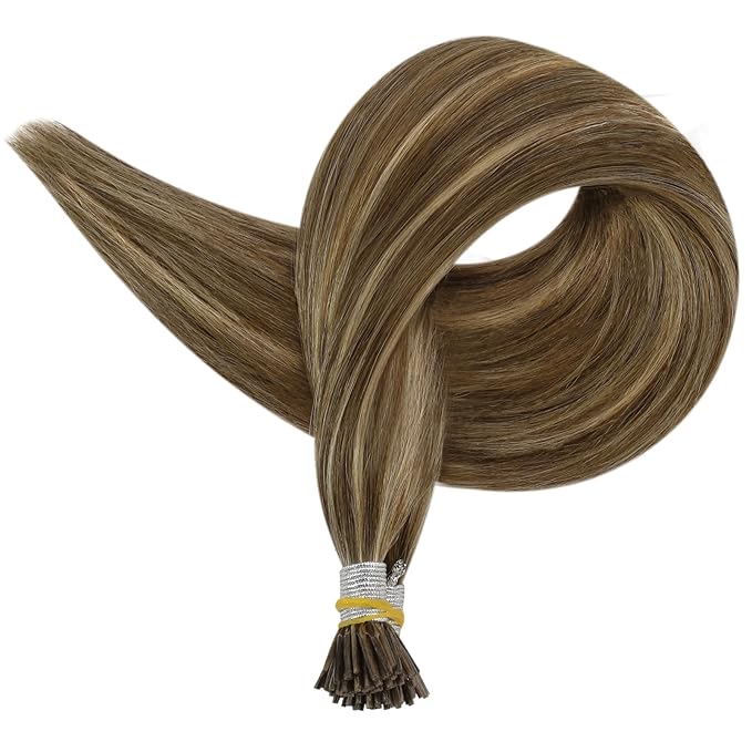 Full Shine I Tip Hair Extensions Real Human Hair 20 Inch Brown Highlighted Honey Blonde Cold Fusion Extensions Remy Hair 40 Grams Itip Human Hair Extensions add Length