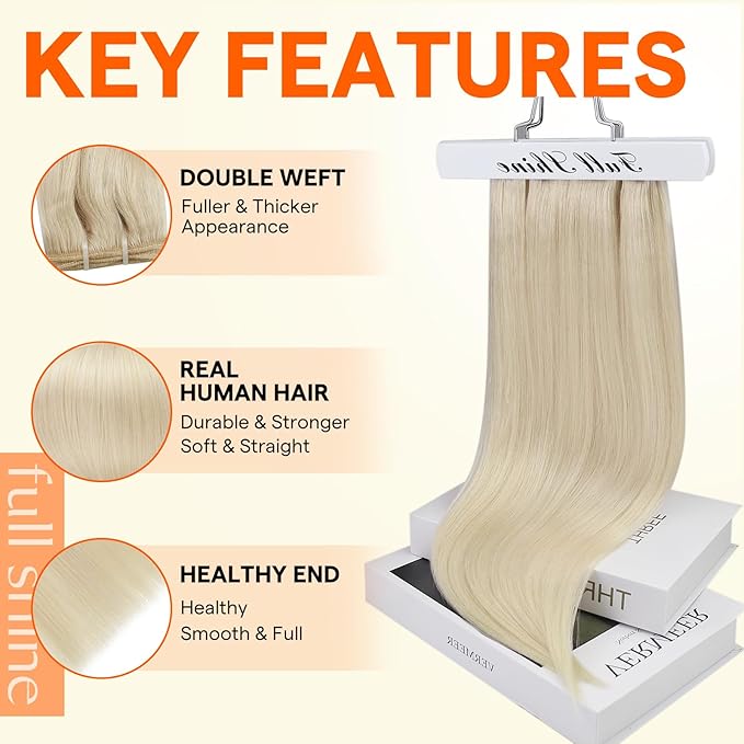 Full Shine Weft Hair Extensions Human Hair Color White Blonde Sew In Hair Extensions Remy Hair Invisible Sew In Extensions For Women Blonde Weft 20 Inch Remy Hair Full Head 105G