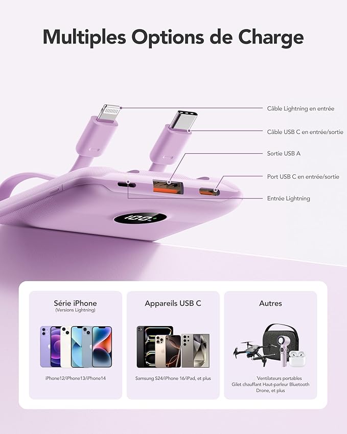 Mini Portable Charger with Built-in Cables 22.5W Fast Charging Power Bank USB-C Small Battery Pack 10000mAh Travel Essential Slim Battery for iPhone 17/16/15/14, Samsung 25/24, and More